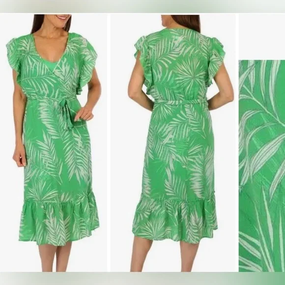 NWT! Mlle Gabrielle Woman’s Green & White Tropical Leaf Print Midi Dress. Sz L - Picture 1 of 14